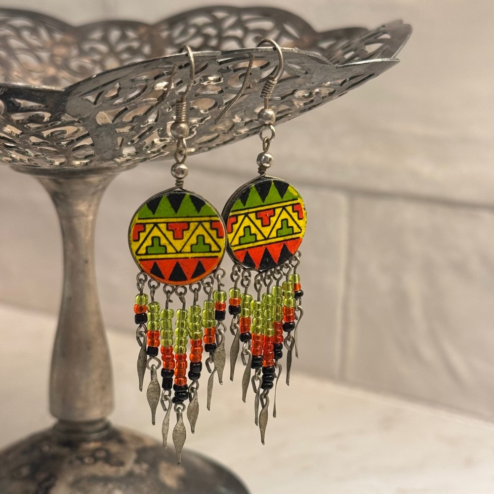 Aztec Drop Earrings Multicolor Boho Tribal Beaded Fringe Earthy Artsy Western